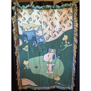Vtg Peanuts Golf Throw/Blanket/Tapestry~ Snoopy- Woodstock-1995/34"x46"/Quiltex